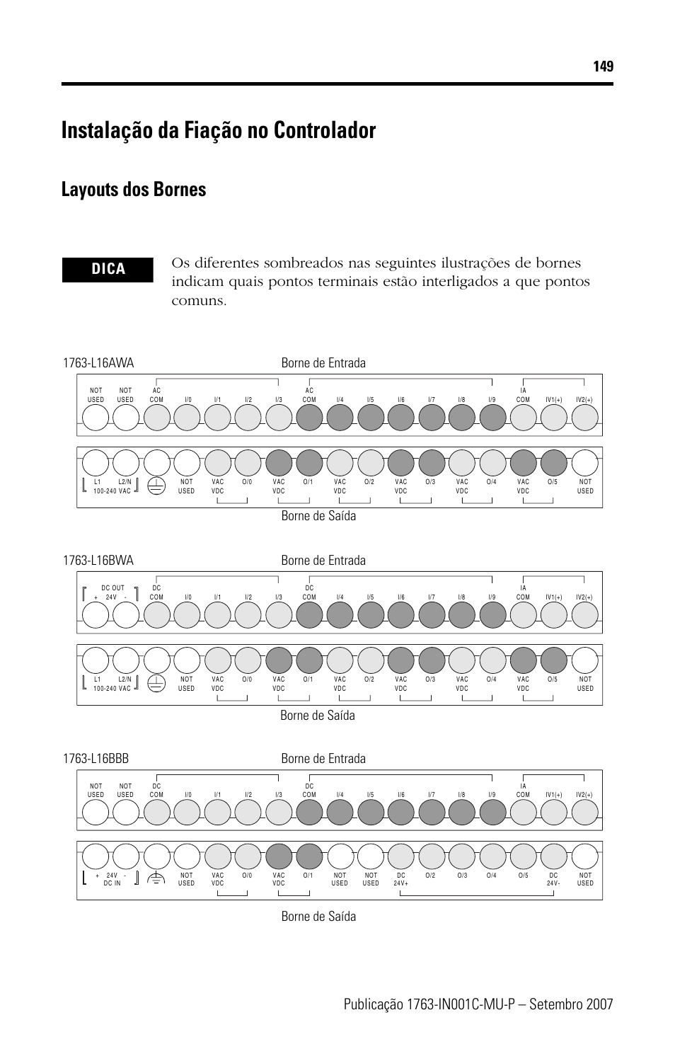 Instalação da fiação no controlador, Layouts dos bornes | Rockwell Automation 1763-L16xxx MicroLogix 1100 Programmable Controllers Installation Instructions User Manual | Page 149 / 168