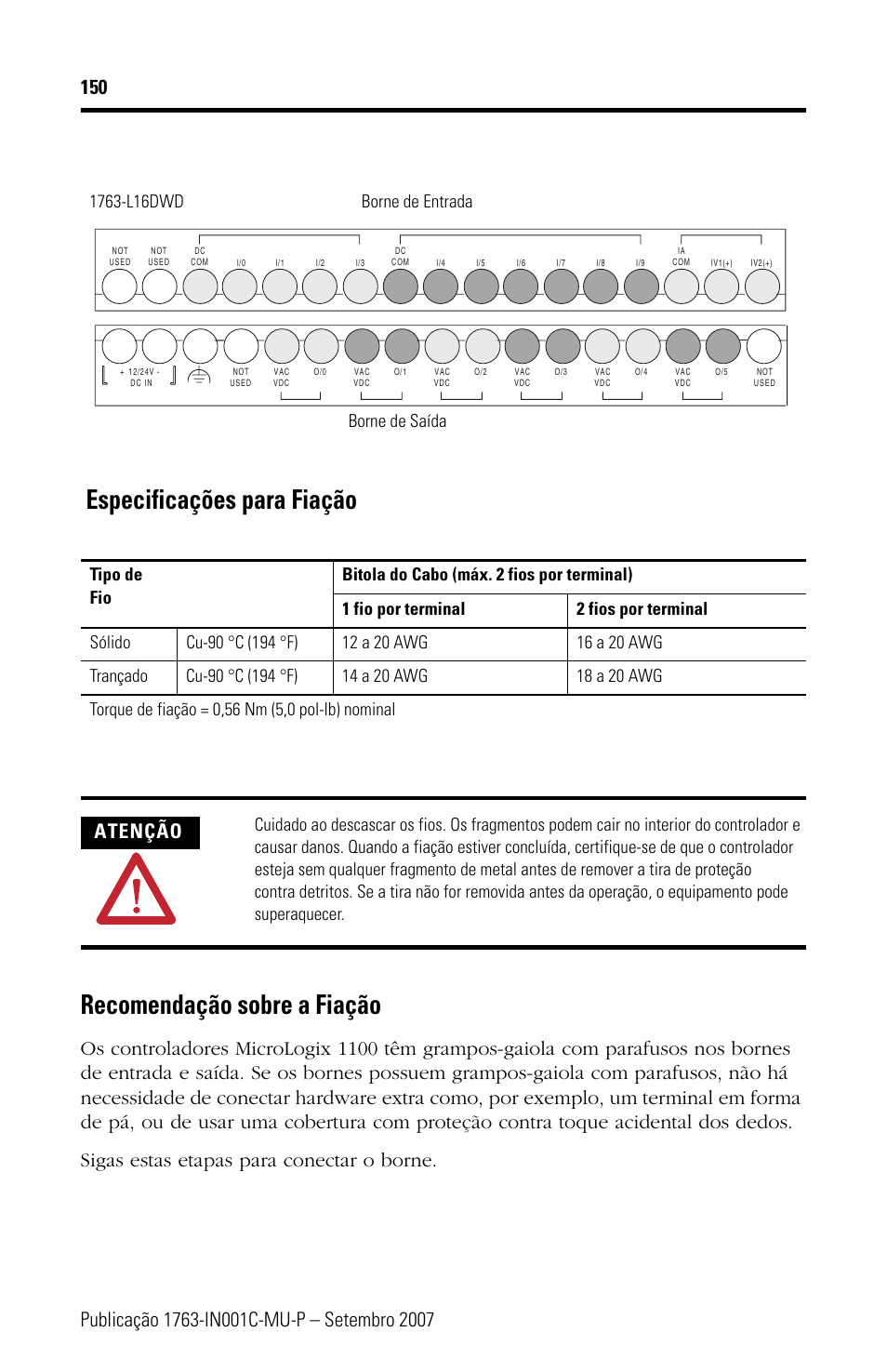 Atenção | Rockwell Automation 1763-L16xxx MicroLogix 1100 Programmable Controllers Installation Instructions User Manual | Page 150 / 168