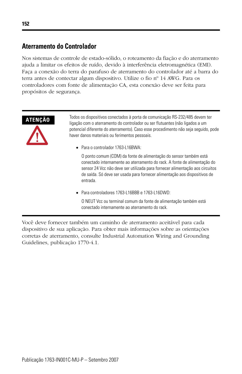 Aterramento do controlador | Rockwell Automation 1763-L16xxx MicroLogix 1100 Programmable Controllers Installation Instructions User Manual | Page 152 / 168