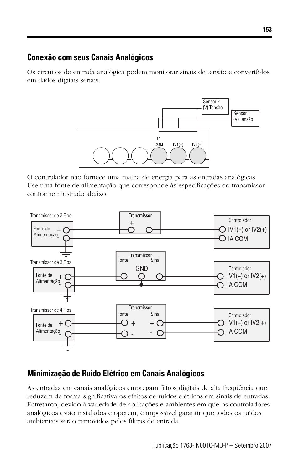 Conexão com seus canais analógicos, Minimização de ruído elétrico em canais analógicos | Rockwell Automation 1763-L16xxx MicroLogix 1100 Programmable Controllers Installation Instructions User Manual | Page 153 / 168