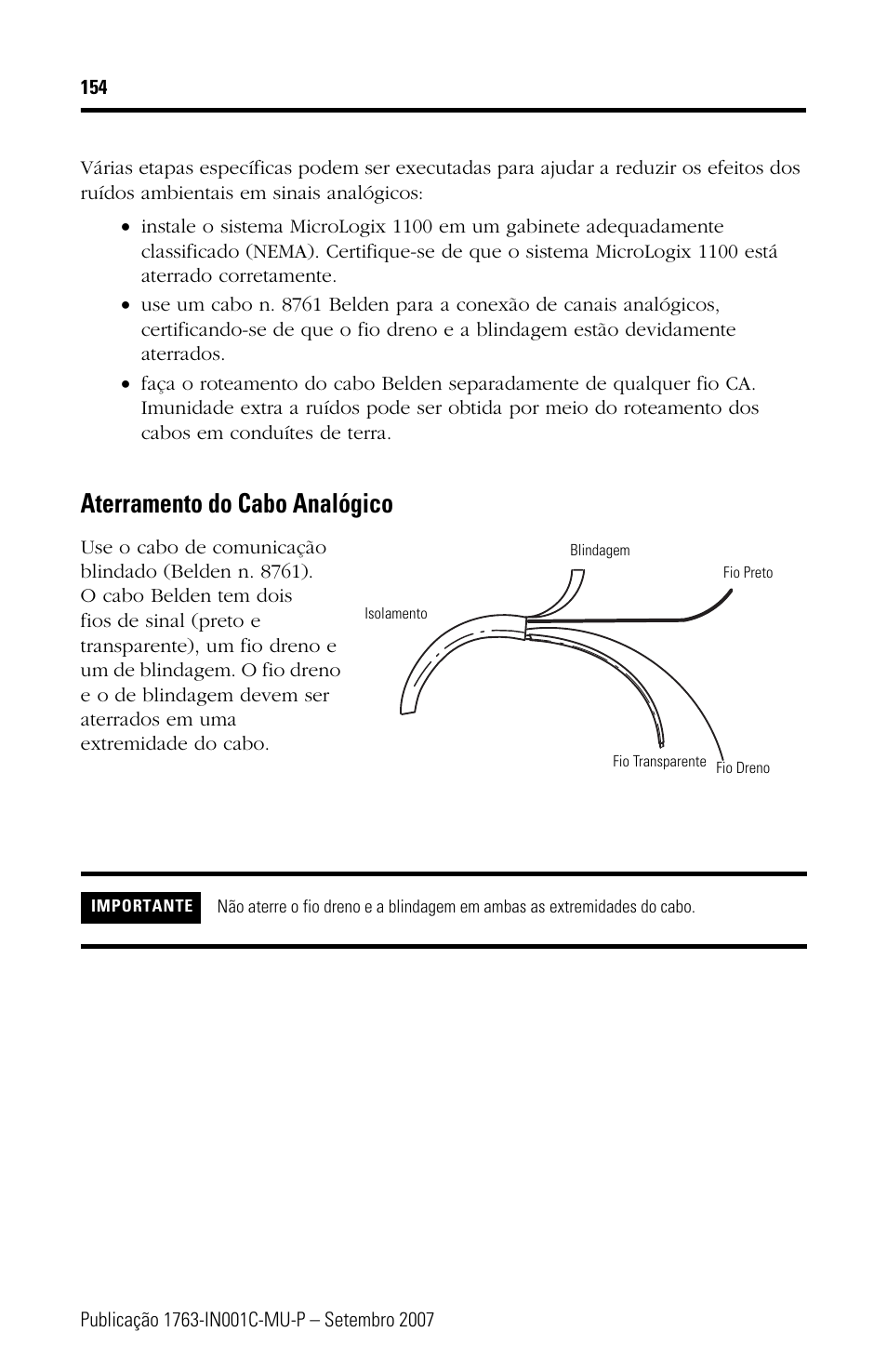 Aterramento do cabo analógico | Rockwell Automation 1763-L16xxx MicroLogix 1100 Programmable Controllers Installation Instructions User Manual | Page 154 / 168