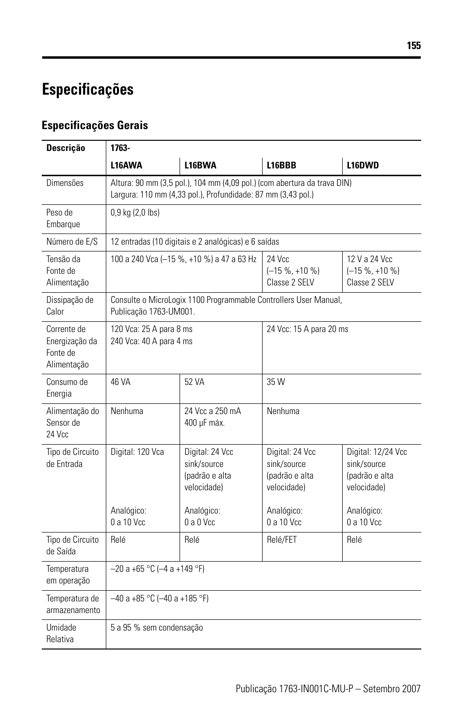 Especificações, Especificações gerais | Rockwell Automation 1763-L16xxx MicroLogix 1100 Programmable Controllers Installation Instructions User Manual | Page 155 / 168