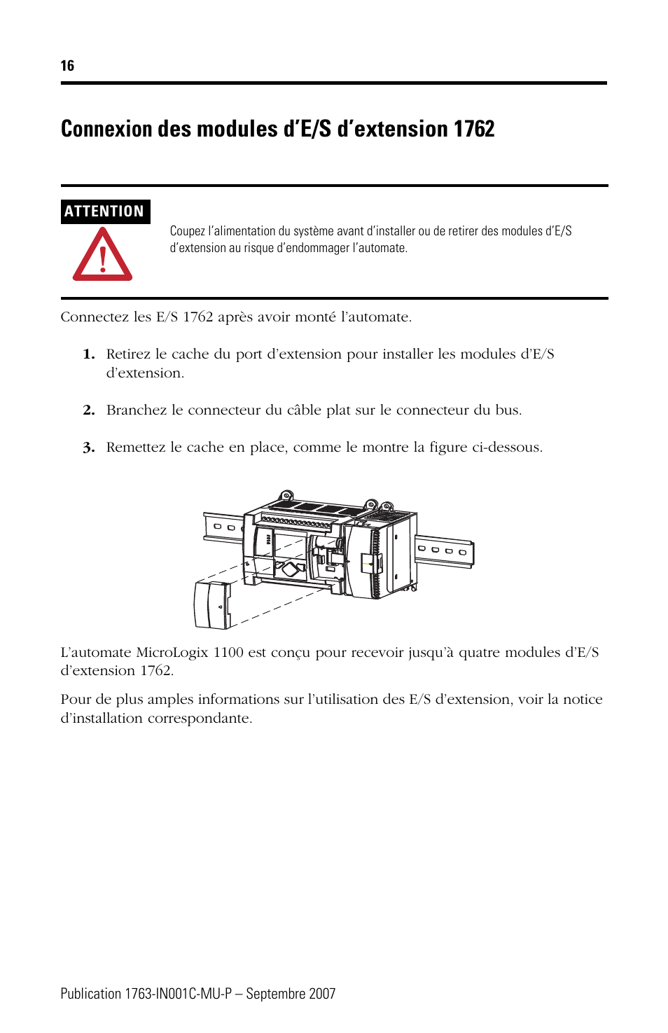 Connexion des modules d’e/s d’extension 1762 | Rockwell Automation 1763-L16xxx MicroLogix 1100 Programmable Controllers Installation Instructions User Manual | Page 16 / 168