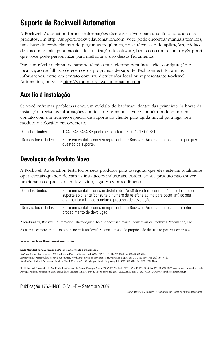 Suporte da rockwell automation, Auxílio à instalação, Devolução de produto novo | Rockwell Automation 1763-L16xxx MicroLogix 1100 Programmable Controllers Installation Instructions User Manual | Page 166 / 168