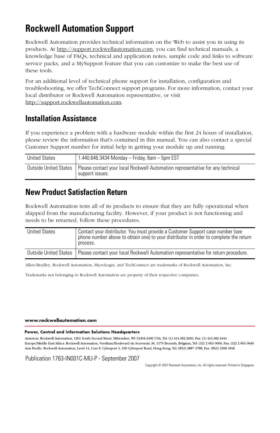 Back cover, Rockwell automation support, Installation assistance | New product satisfaction return | Rockwell Automation 1763-L16xxx MicroLogix 1100 Programmable Controllers Installation Instructions User Manual | Page 168 / 168