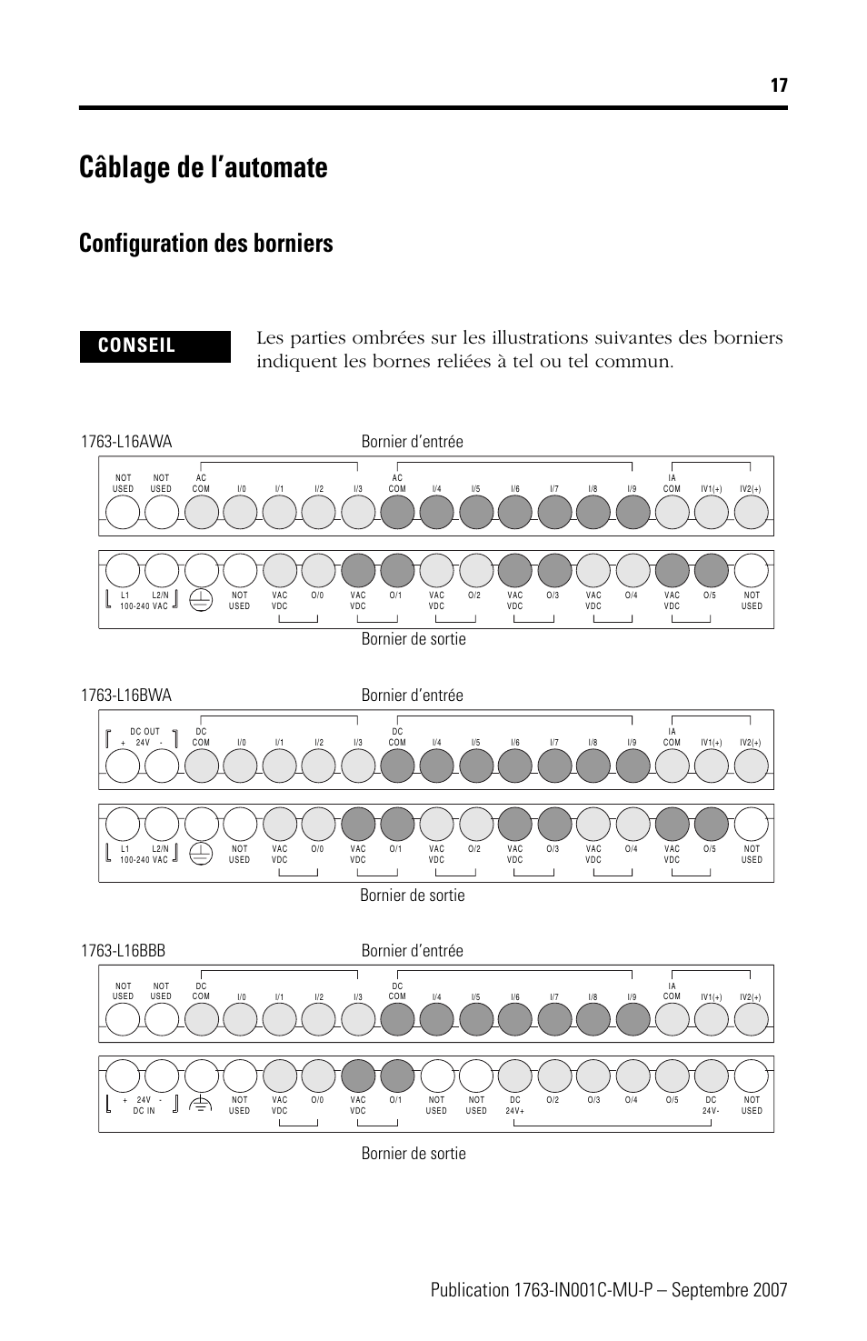 Câblage de l’automate, Configuration des borniers | Rockwell Automation 1763-L16xxx MicroLogix 1100 Programmable Controllers Installation Instructions User Manual | Page 17 / 168