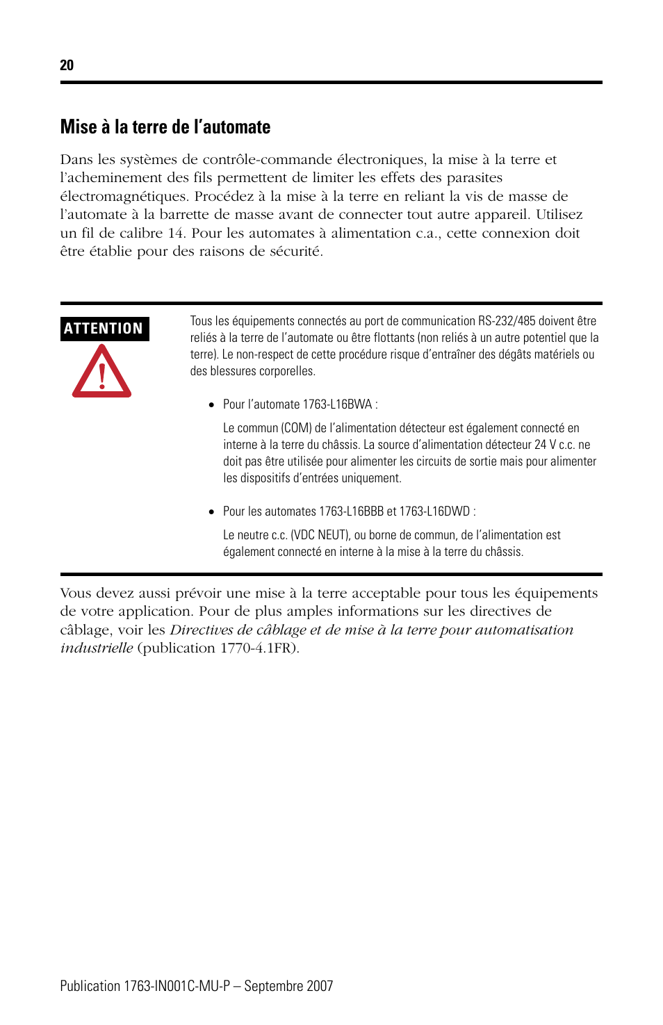 Mise à la terre de l’automate | Rockwell Automation 1763-L16xxx MicroLogix 1100 Programmable Controllers Installation Instructions User Manual | Page 20 / 168