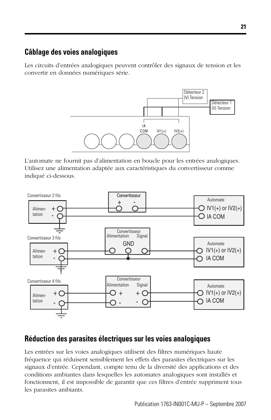 Câblage des voies analogiques | Rockwell Automation 1763-L16xxx MicroLogix 1100 Programmable Controllers Installation Instructions User Manual | Page 21 / 168