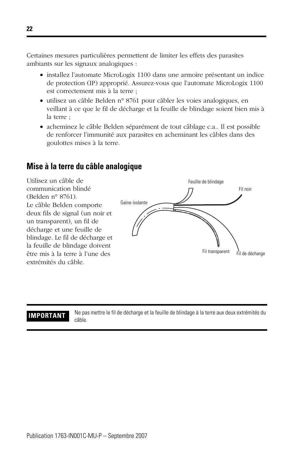 Mise à la terre du câble analogique | Rockwell Automation 1763-L16xxx MicroLogix 1100 Programmable Controllers Installation Instructions User Manual | Page 22 / 168