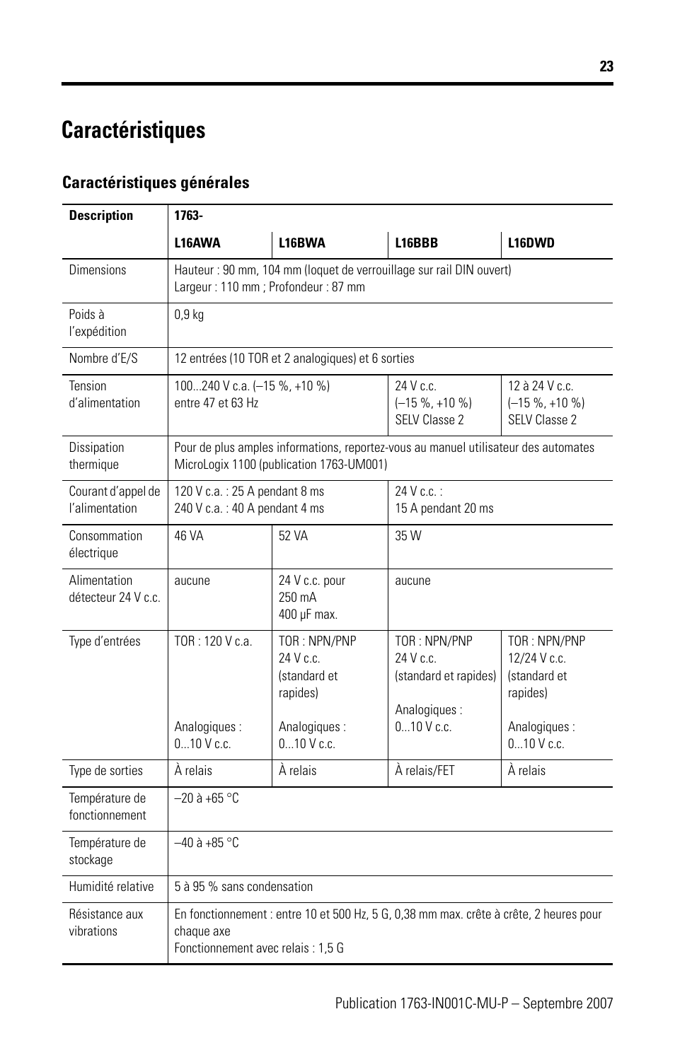 Caractéristiques, Caractéristiques générales | Rockwell Automation 1763-L16xxx MicroLogix 1100 Programmable Controllers Installation Instructions User Manual | Page 23 / 168