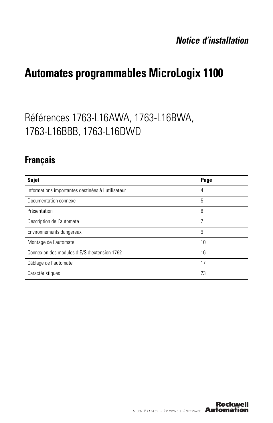 Français, Automates programmables micrologix 1100, Notice d’installation | Rockwell Automation 1763-L16xxx MicroLogix 1100 Programmable Controllers Installation Instructions User Manual | Page 3 / 168