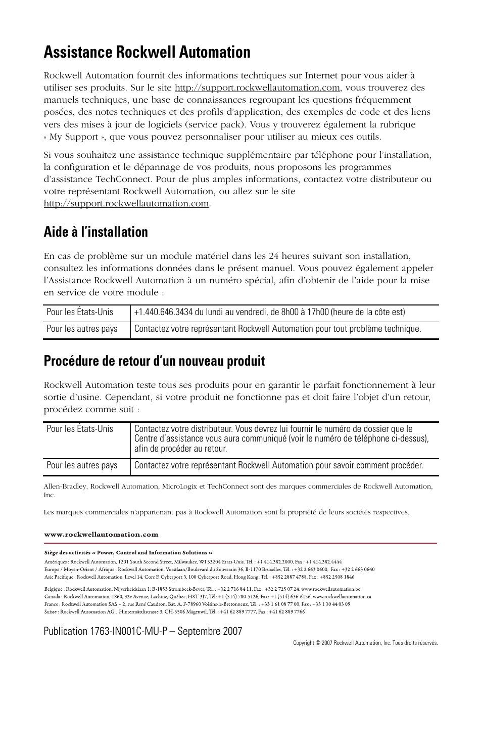 Assistance rockwell automation, Aide à l’installation, Procédure de retour d’un nouveau produit | Rockwell Automation 1763-L16xxx MicroLogix 1100 Programmable Controllers Installation Instructions User Manual | Page 34 / 168