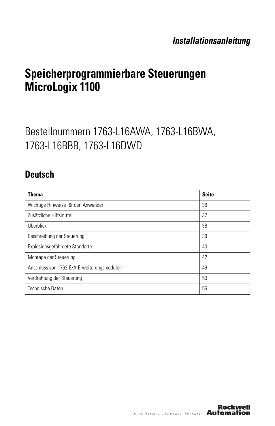 Deutsch, Installationsanleitung | Rockwell Automation 1763-L16xxx MicroLogix 1100 Programmable Controllers Installation Instructions User Manual | Page 35 / 168