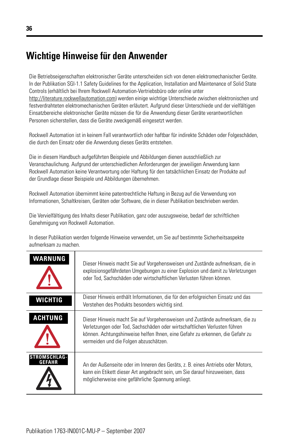 Wichtige hinweise für den anwender | Rockwell Automation 1763-L16xxx MicroLogix 1100 Programmable Controllers Installation Instructions User Manual | Page 36 / 168