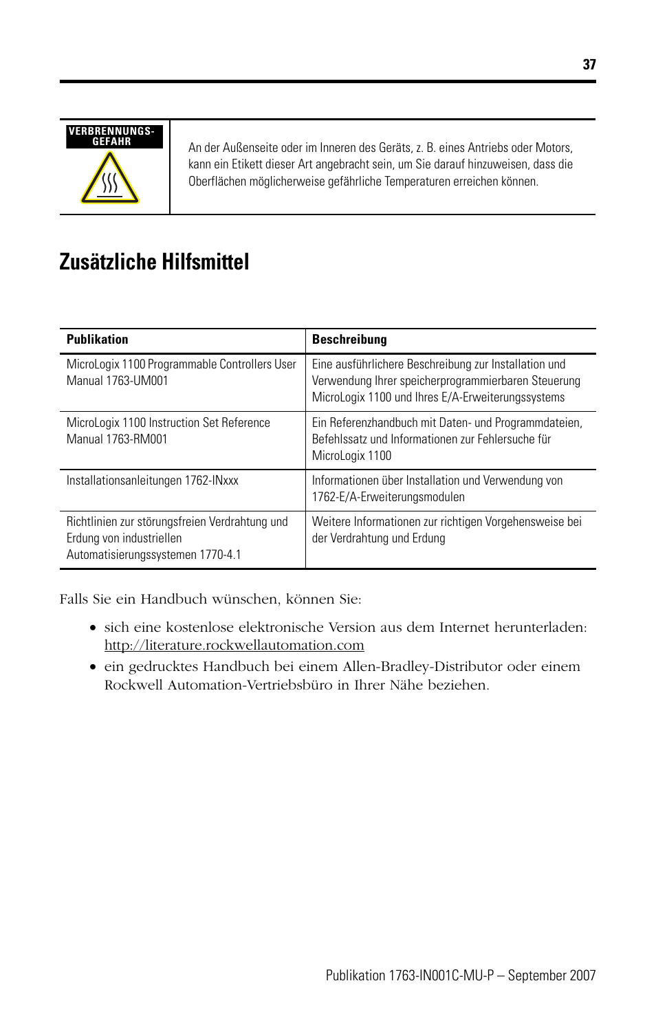 Zusätzliche hilfsmittel | Rockwell Automation 1763-L16xxx MicroLogix 1100 Programmable Controllers Installation Instructions User Manual | Page 37 / 168