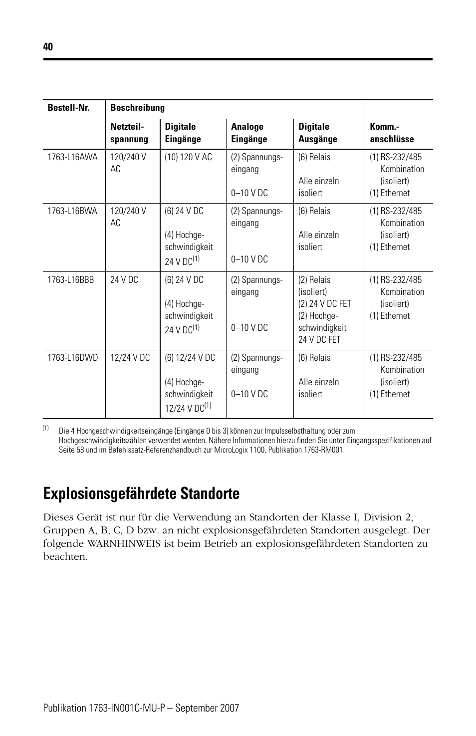 Explosionsgefährdete standorte | Rockwell Automation 1763-L16xxx MicroLogix 1100 Programmable Controllers Installation Instructions User Manual | Page 40 / 168