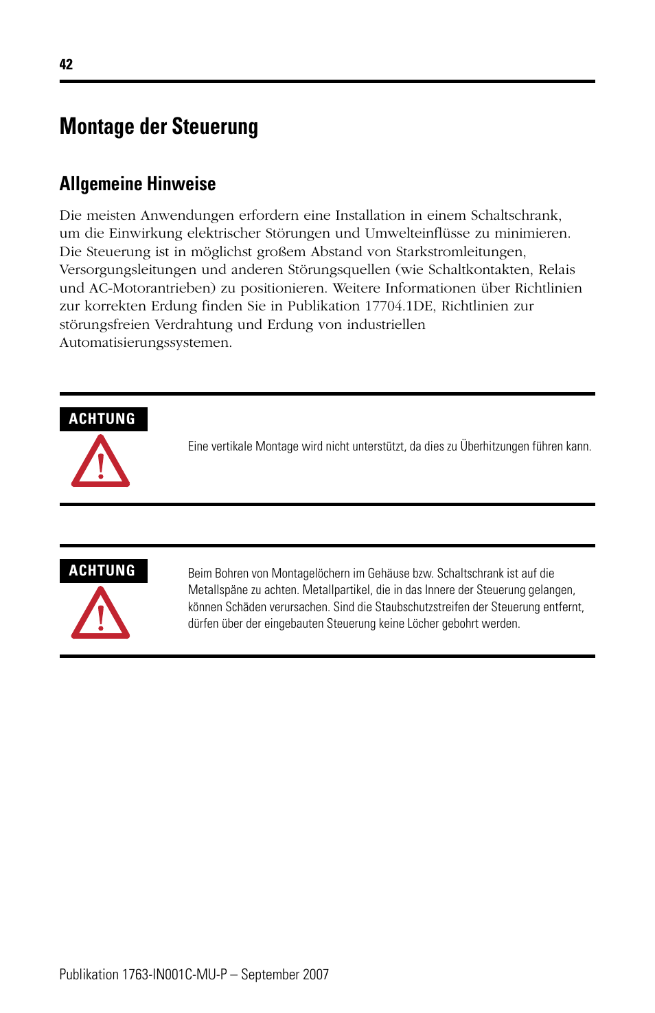 Montage der steuerung, Allgemeine hinweise | Rockwell Automation 1763-L16xxx MicroLogix 1100 Programmable Controllers Installation Instructions User Manual | Page 42 / 168