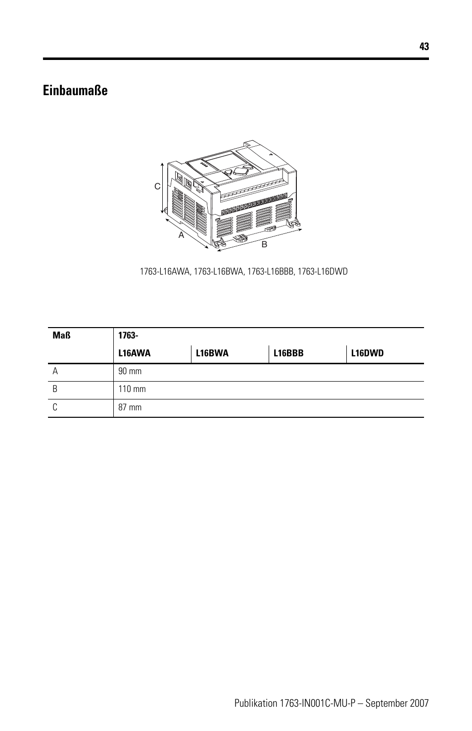 Einbaumaße | Rockwell Automation 1763-L16xxx MicroLogix 1100 Programmable Controllers Installation Instructions User Manual | Page 43 / 168