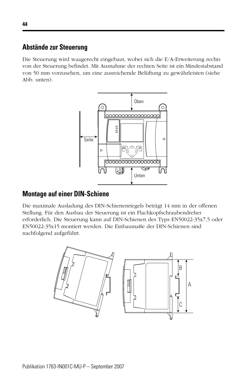 Abstände zur steuerung, Montage auf einer din-schiene | Rockwell Automation 1763-L16xxx MicroLogix 1100 Programmable Controllers Installation Instructions User Manual | Page 44 / 168