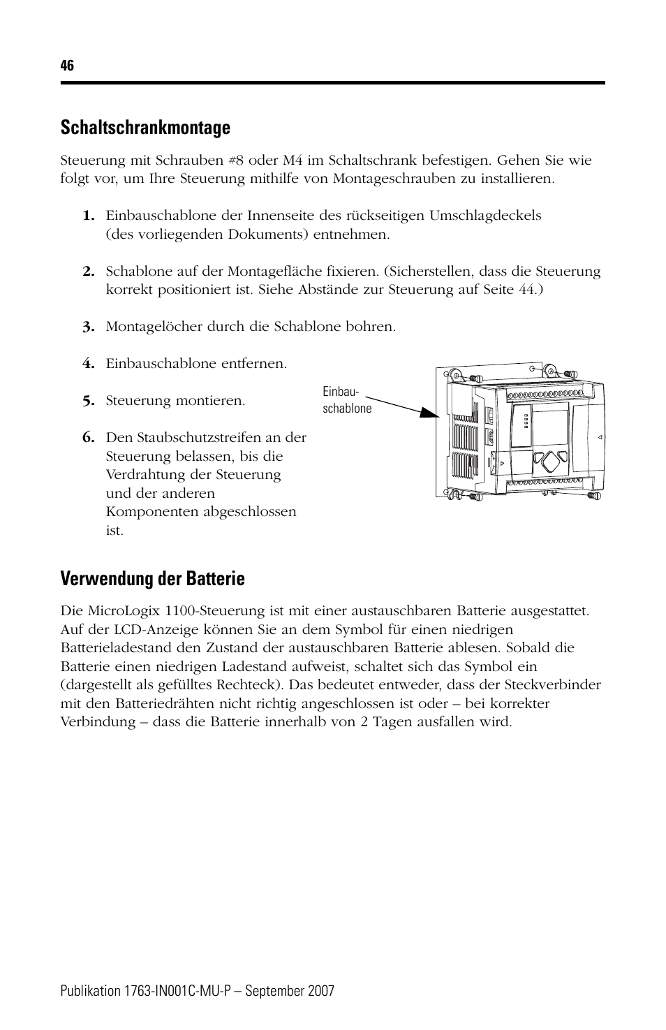 Schaltschrankmontage, Verwendung der batterie | Rockwell Automation 1763-L16xxx MicroLogix 1100 Programmable Controllers Installation Instructions User Manual | Page 46 / 168