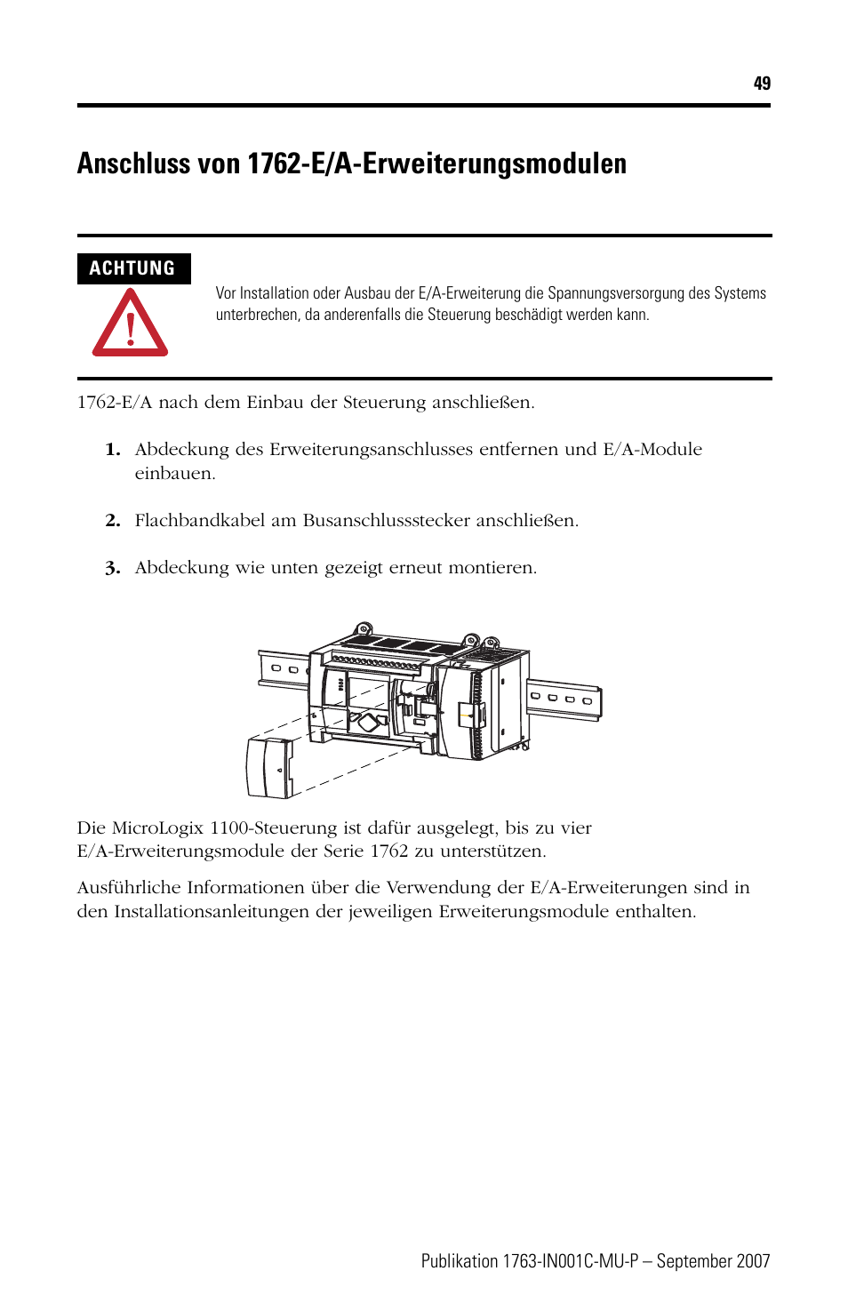 Anschluss von 1762-e/a-erweiterungsmodulen | Rockwell Automation 1763-L16xxx MicroLogix 1100 Programmable Controllers Installation Instructions User Manual | Page 49 / 168