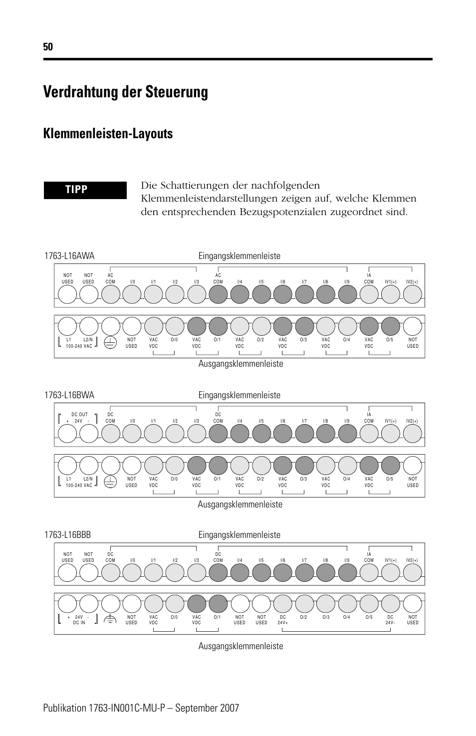 Verdrahtung der steuerung, Klemmenleisten-layouts | Rockwell Automation 1763-L16xxx MicroLogix 1100 Programmable Controllers Installation Instructions User Manual | Page 50 / 168