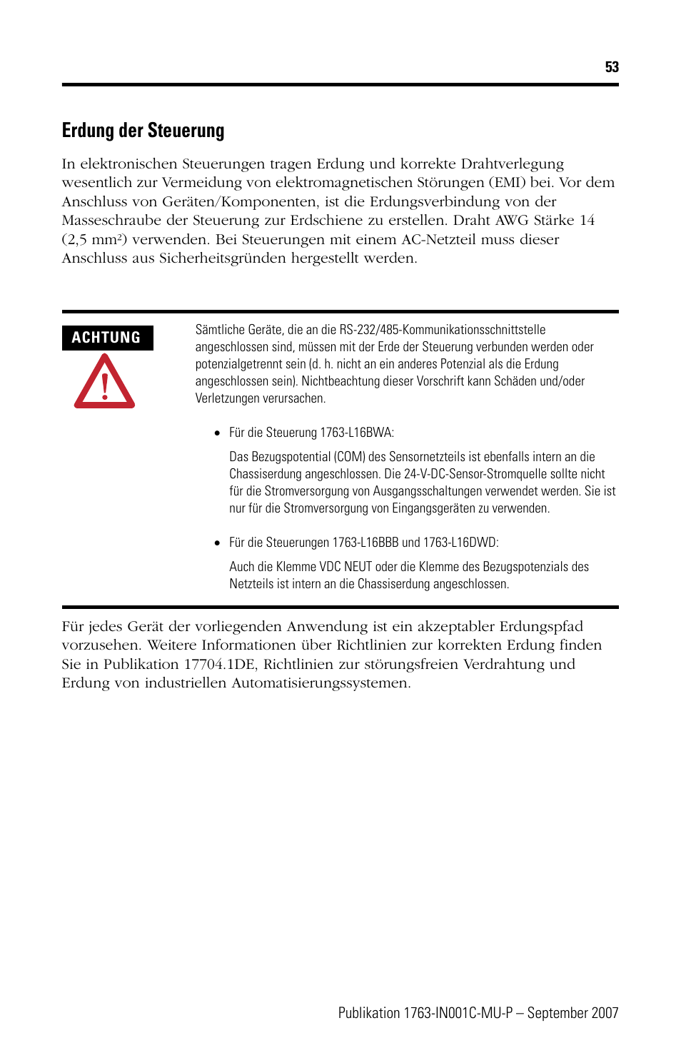 Erdung der steuerung | Rockwell Automation 1763-L16xxx MicroLogix 1100 Programmable Controllers Installation Instructions User Manual | Page 53 / 168