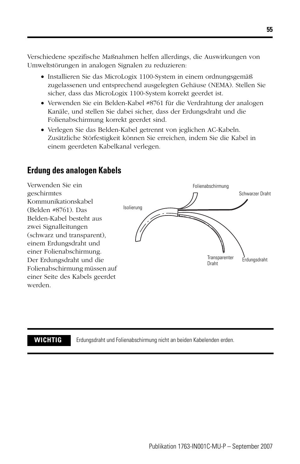 Erdung des analogen kabels | Rockwell Automation 1763-L16xxx MicroLogix 1100 Programmable Controllers Installation Instructions User Manual | Page 55 / 168