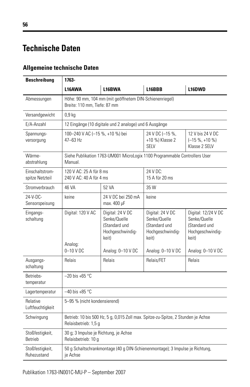 Technische daten, Allgemeine technische daten | Rockwell Automation 1763-L16xxx MicroLogix 1100 Programmable Controllers Installation Instructions User Manual | Page 56 / 168