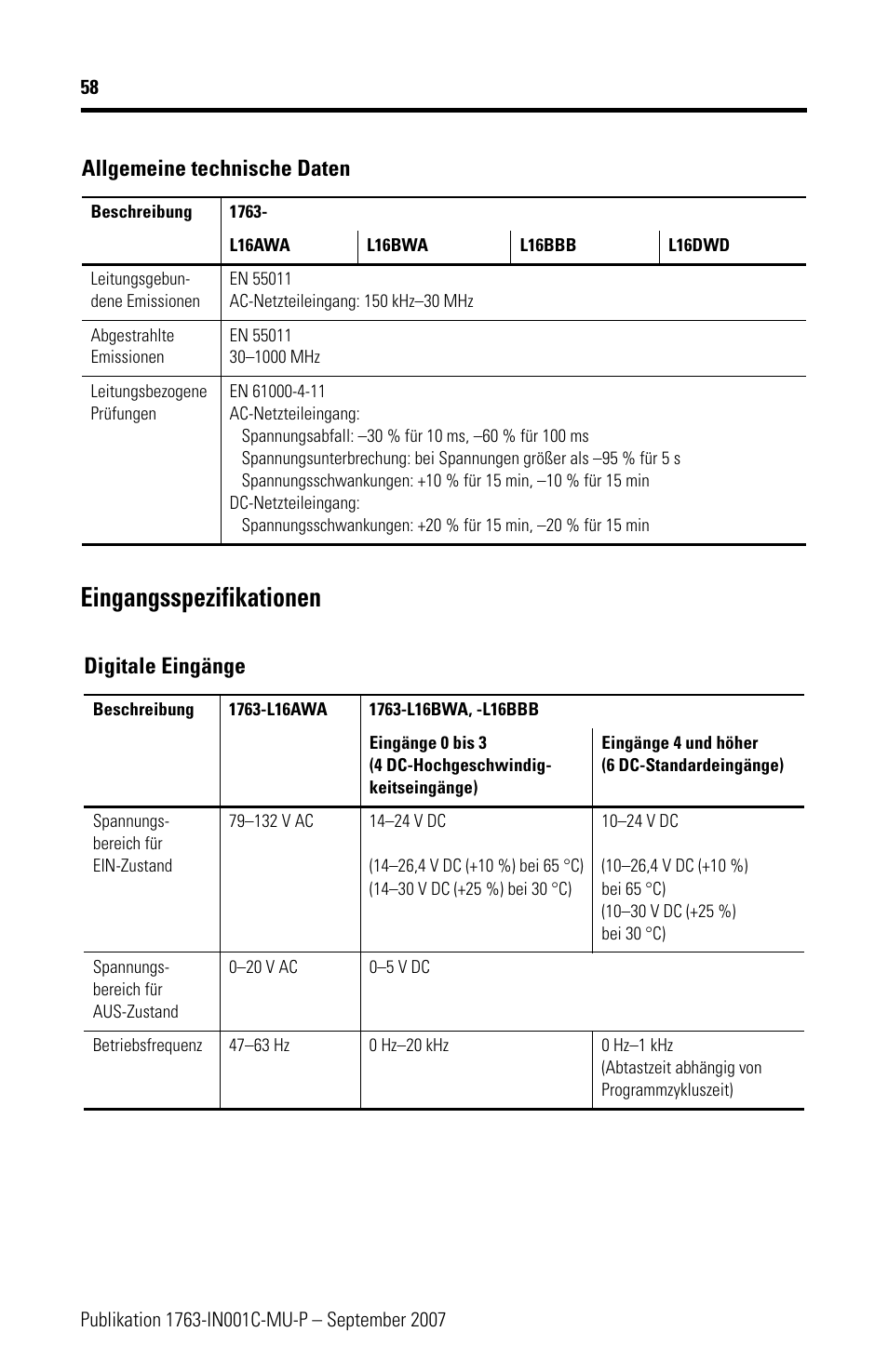 Er eingangsspezifikationen auf seite 58 und, Eingangsspezifikationen | Rockwell Automation 1763-L16xxx MicroLogix 1100 Programmable Controllers Installation Instructions User Manual | Page 58 / 168