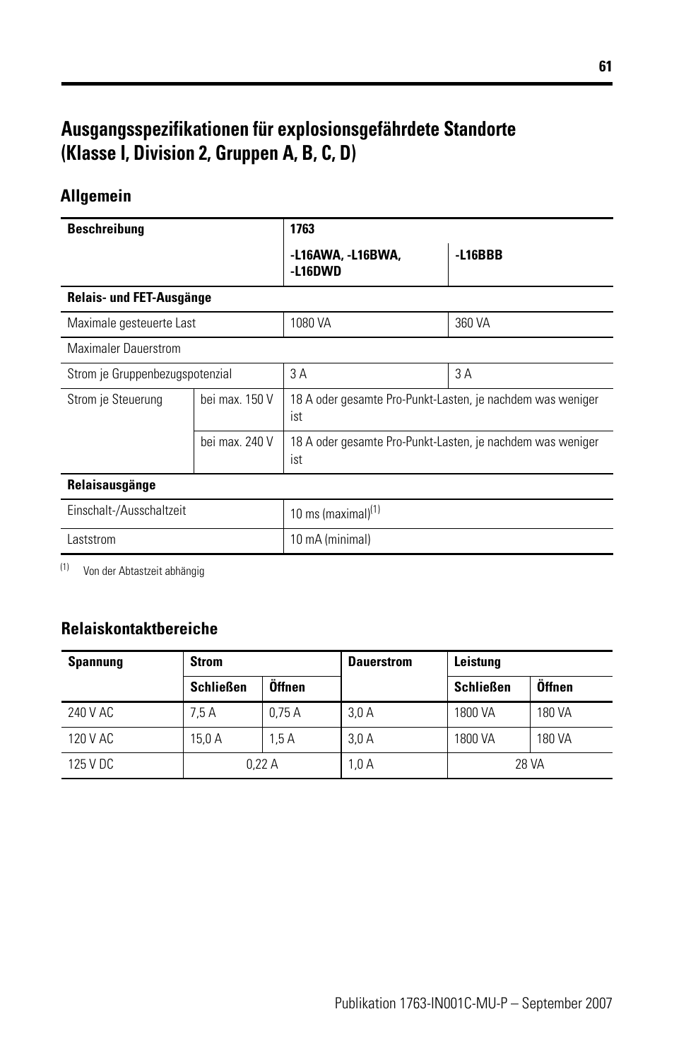 Allgemein, Relaiskontaktbereiche | Rockwell Automation 1763-L16xxx MicroLogix 1100 Programmable Controllers Installation Instructions User Manual | Page 61 / 168