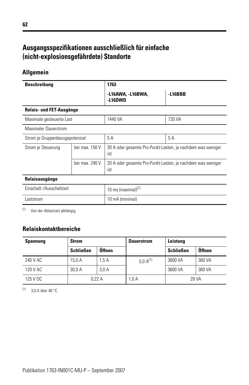 Allgemein, Relaiskontaktbereiche | Rockwell Automation 1763-L16xxx MicroLogix 1100 Programmable Controllers Installation Instructions User Manual | Page 62 / 168