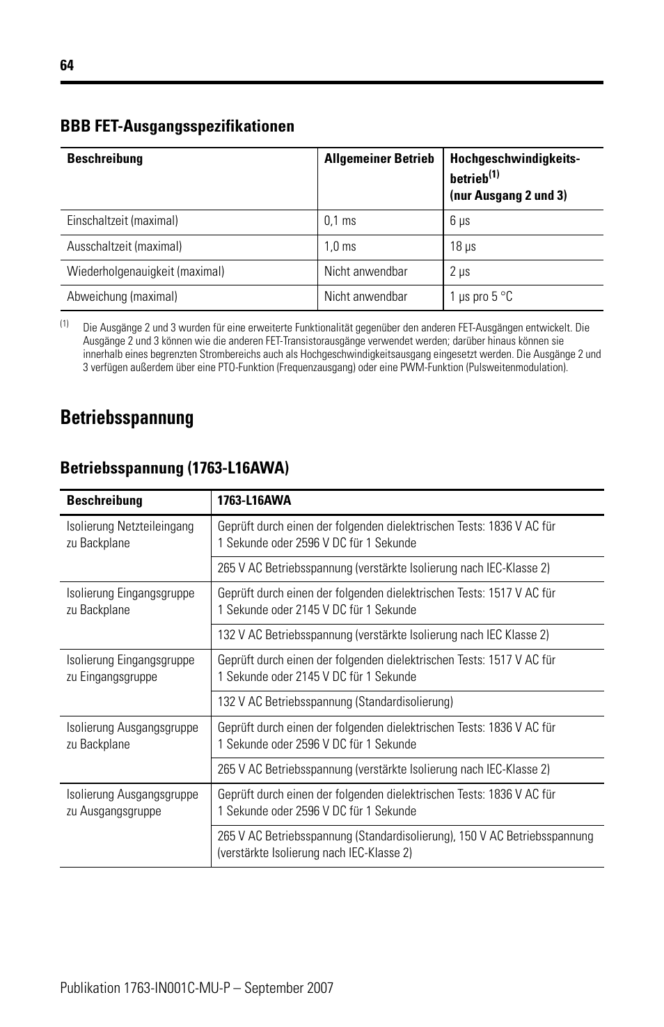 Betriebsspannung, Bbb fet-ausgangsspezifikationen | Rockwell Automation 1763-L16xxx MicroLogix 1100 Programmable Controllers Installation Instructions User Manual | Page 64 / 168