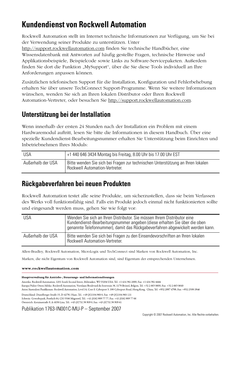 Kundendienst von rockwell automation, Unterstützung bei der installation, Rückgabeverfahren bei neuen produkten | Rockwell Automation 1763-L16xxx MicroLogix 1100 Programmable Controllers Installation Instructions User Manual | Page 68 / 168