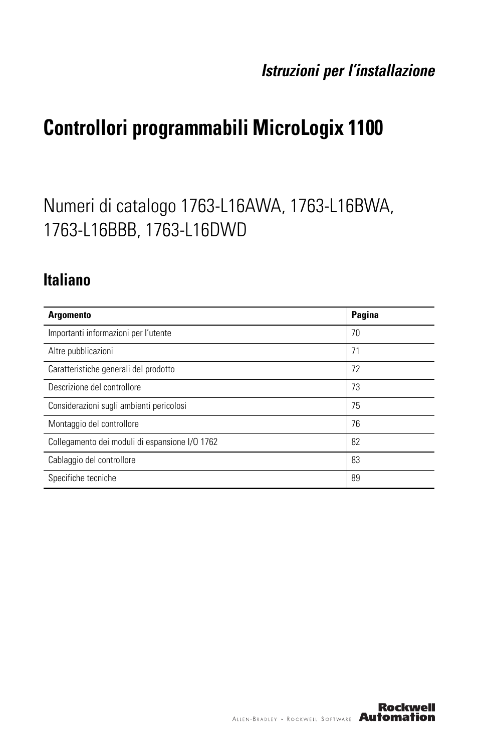 Italiano, Controllori programmabili micrologix 1100, Istruzioni per l’installazione | Rockwell Automation 1763-L16xxx MicroLogix 1100 Programmable Controllers Installation Instructions User Manual | Page 69 / 168