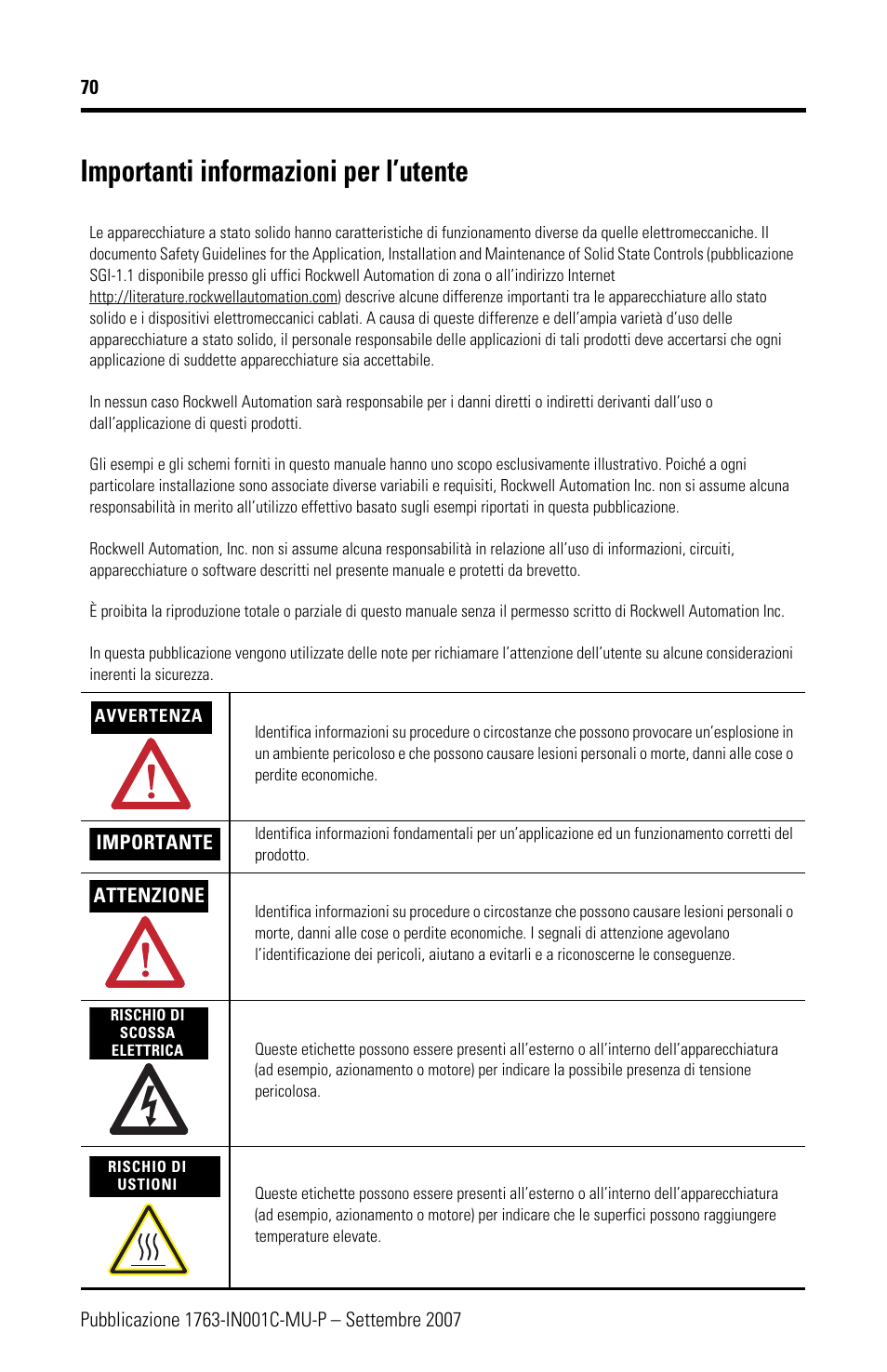 Importanti informazioni per l’utente | Rockwell Automation 1763-L16xxx MicroLogix 1100 Programmable Controllers Installation Instructions User Manual | Page 70 / 168