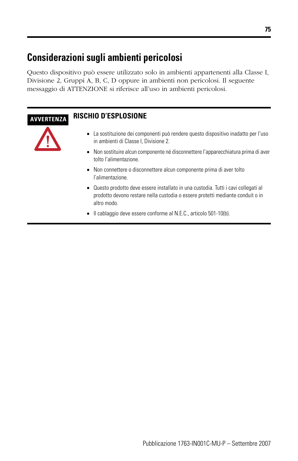 Considerazioni sugli ambienti pericolosi | Rockwell Automation 1763-L16xxx MicroLogix 1100 Programmable Controllers Installation Instructions User Manual | Page 75 / 168