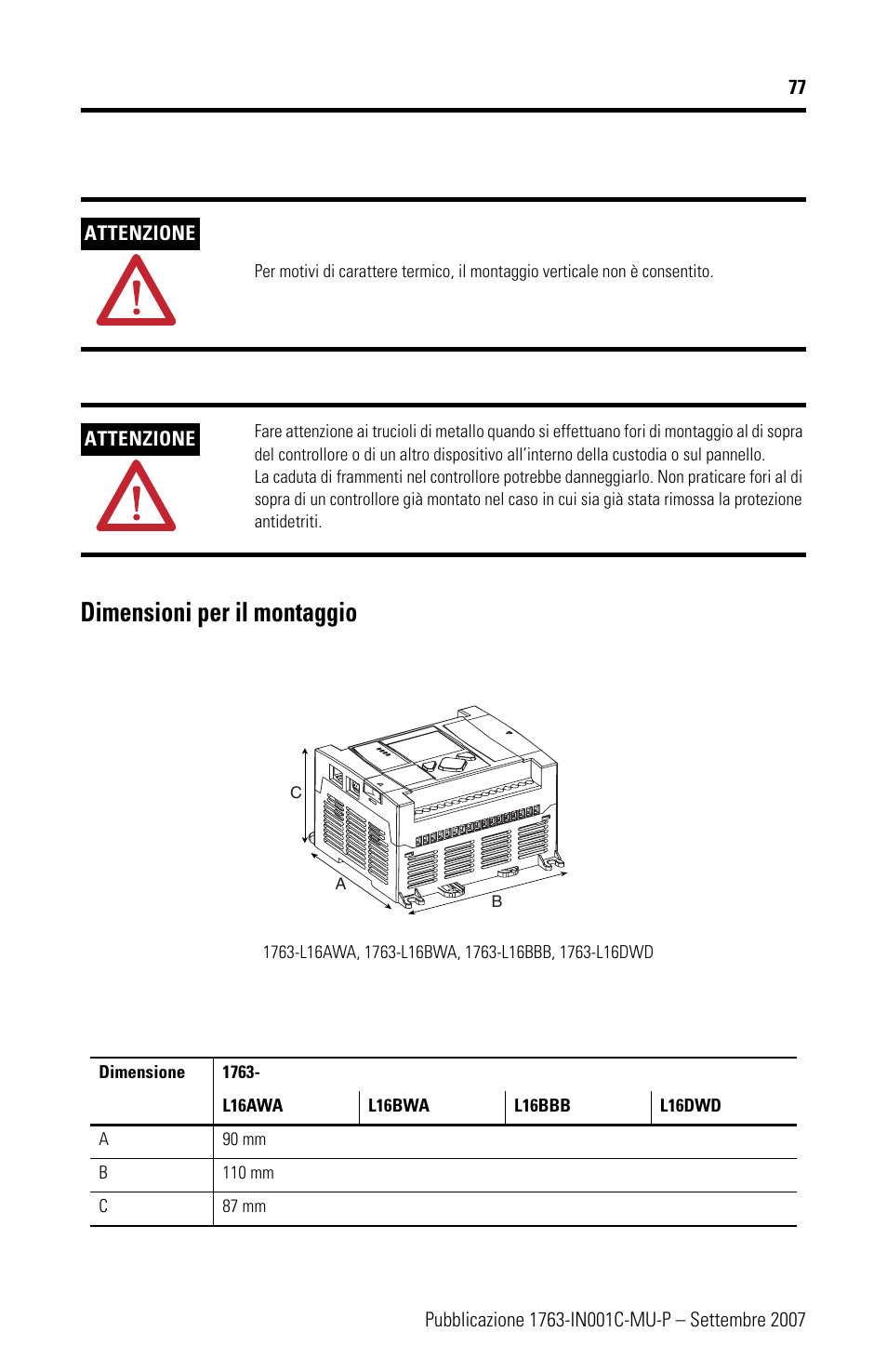 Dimensioni per il montaggio | Rockwell Automation 1763-L16xxx MicroLogix 1100 Programmable Controllers Installation Instructions User Manual | Page 77 / 168