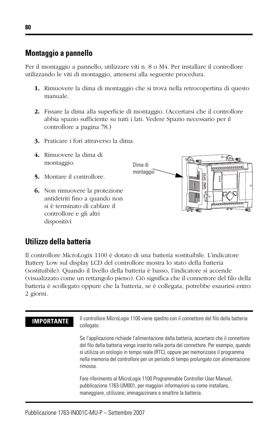 Montaggio a pannello, Utilizzo della batteria | Rockwell Automation 1763-L16xxx MicroLogix 1100 Programmable Controllers Installation Instructions User Manual | Page 80 / 168