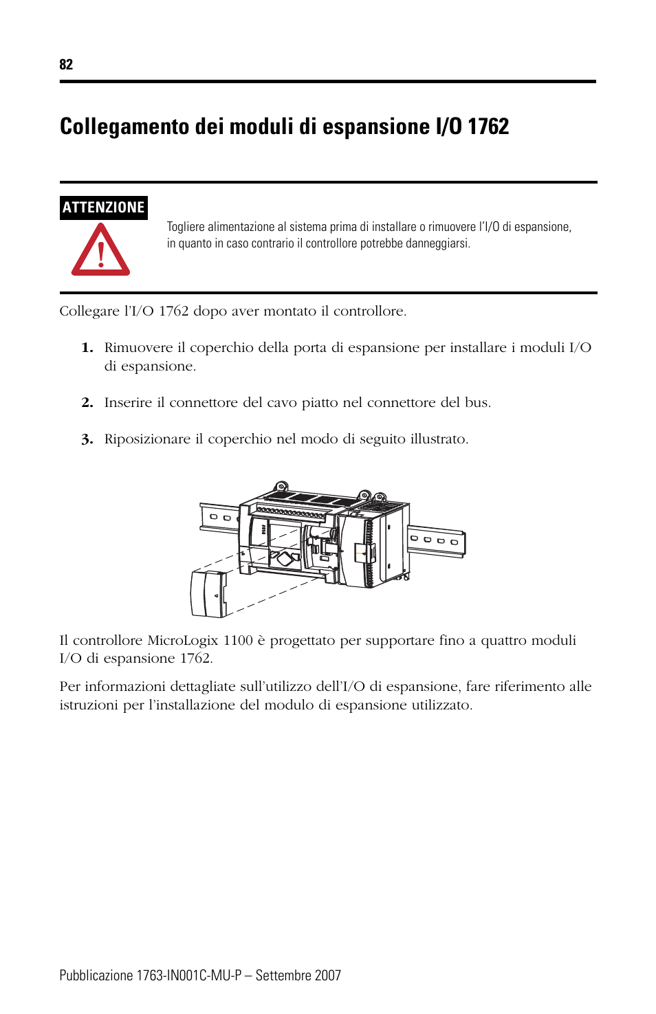 Collegamento dei moduli di espansione i/o 1762 | Rockwell Automation 1763-L16xxx MicroLogix 1100 Programmable Controllers Installation Instructions User Manual | Page 82 / 168