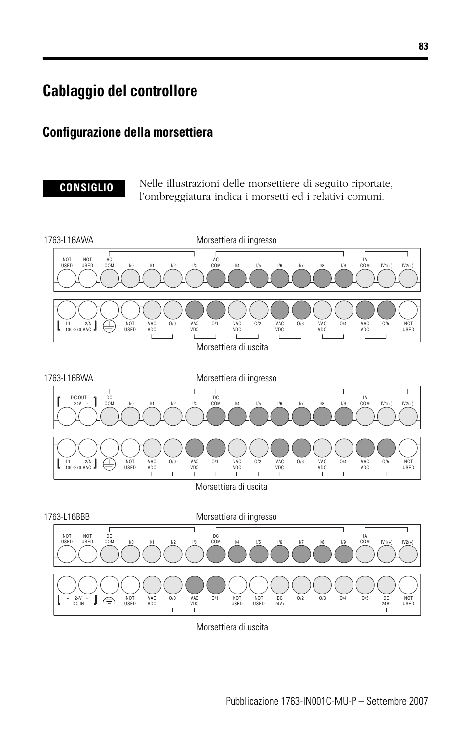 Cablaggio del controllore, Configurazione della morsettiera | Rockwell Automation 1763-L16xxx MicroLogix 1100 Programmable Controllers Installation Instructions User Manual | Page 83 / 168