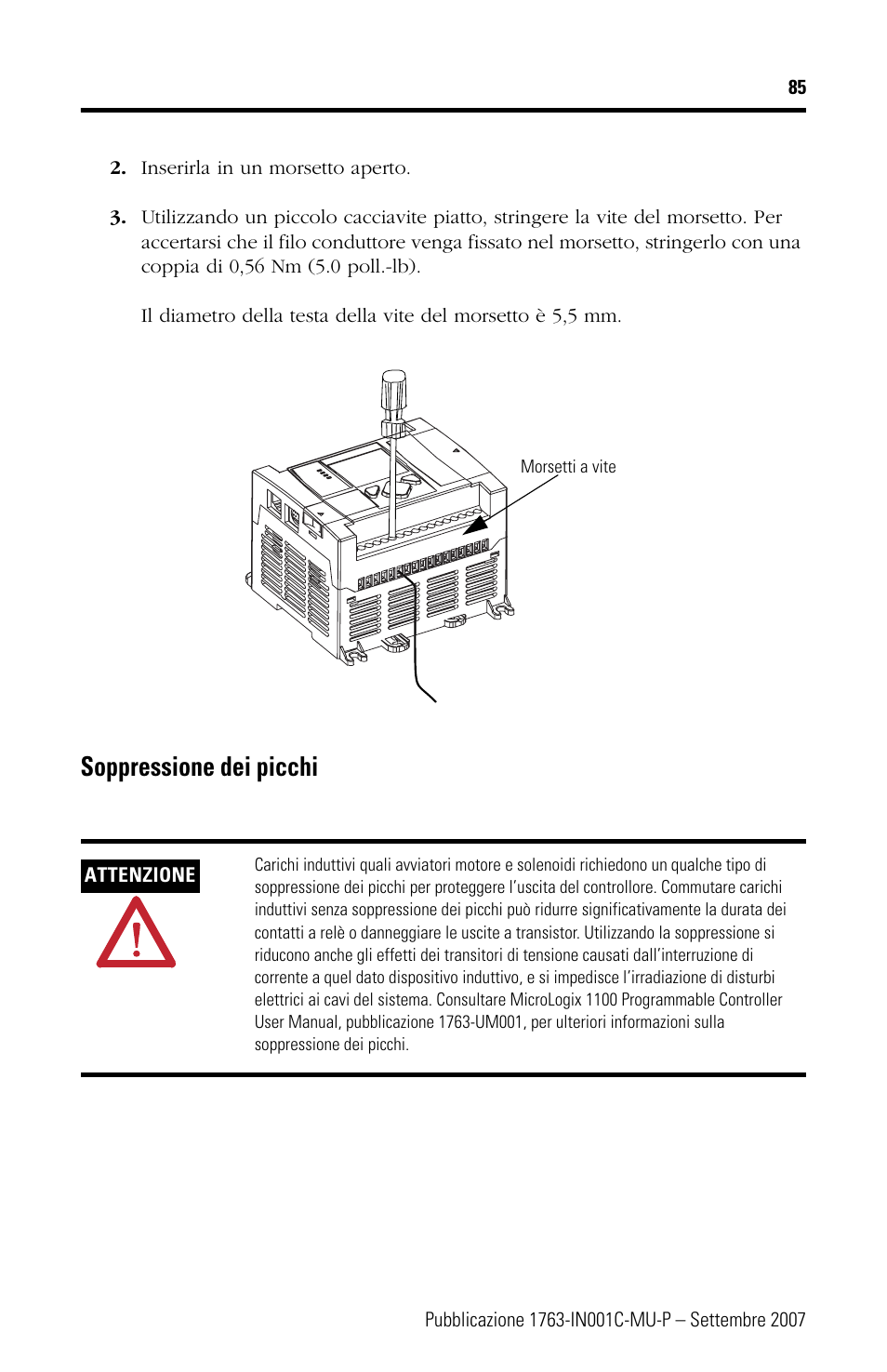Soppressione dei picchi | Rockwell Automation 1763-L16xxx MicroLogix 1100 Programmable Controllers Installation Instructions User Manual | Page 85 / 168