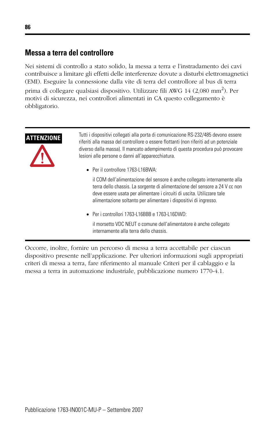 Messa a terra del controllore | Rockwell Automation 1763-L16xxx MicroLogix 1100 Programmable Controllers Installation Instructions User Manual | Page 86 / 168