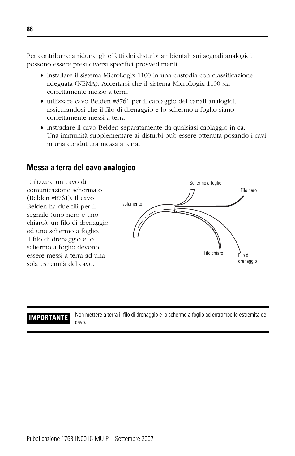 Messa a terra del cavo analogico | Rockwell Automation 1763-L16xxx MicroLogix 1100 Programmable Controllers Installation Instructions User Manual | Page 88 / 168