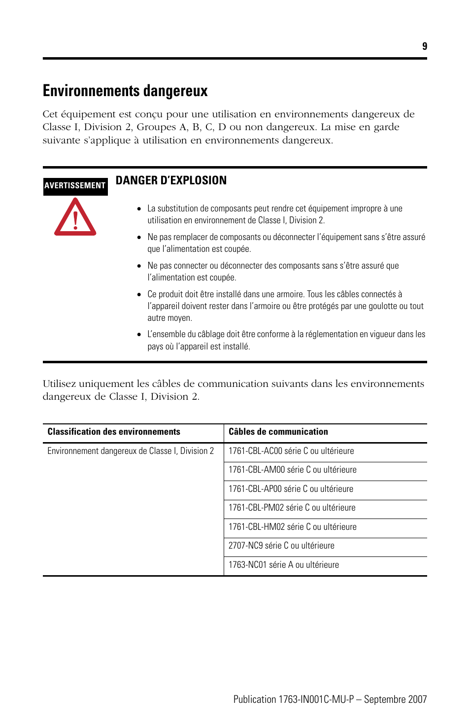 Environnements dangereux | Rockwell Automation 1763-L16xxx MicroLogix 1100 Programmable Controllers Installation Instructions User Manual | Page 9 / 168