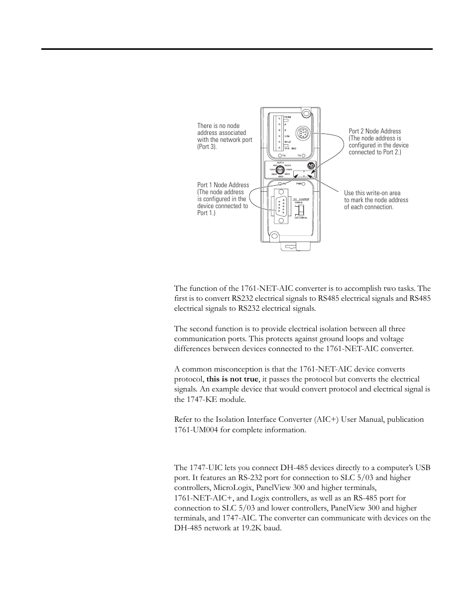 Node address identification, Misconception about the 1761-net-aic converter, 1747-uic usb to dh-485 interface converter | Node address identification -7 | Rockwell Automation 1756-DH485 ControlLogix DH-485 Communication Module User Manual User Manual | Page 25 / 110