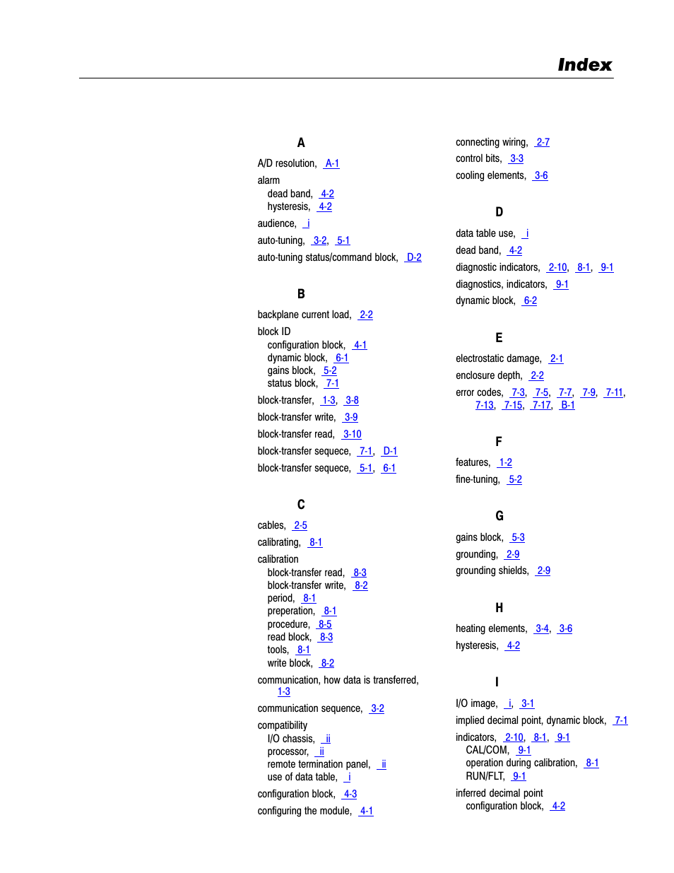 Index | Rockwell Automation 1771-TCM,D17716.5.108 TEMPERATURE CONTROL MOD User Manual | Page 135 / 137