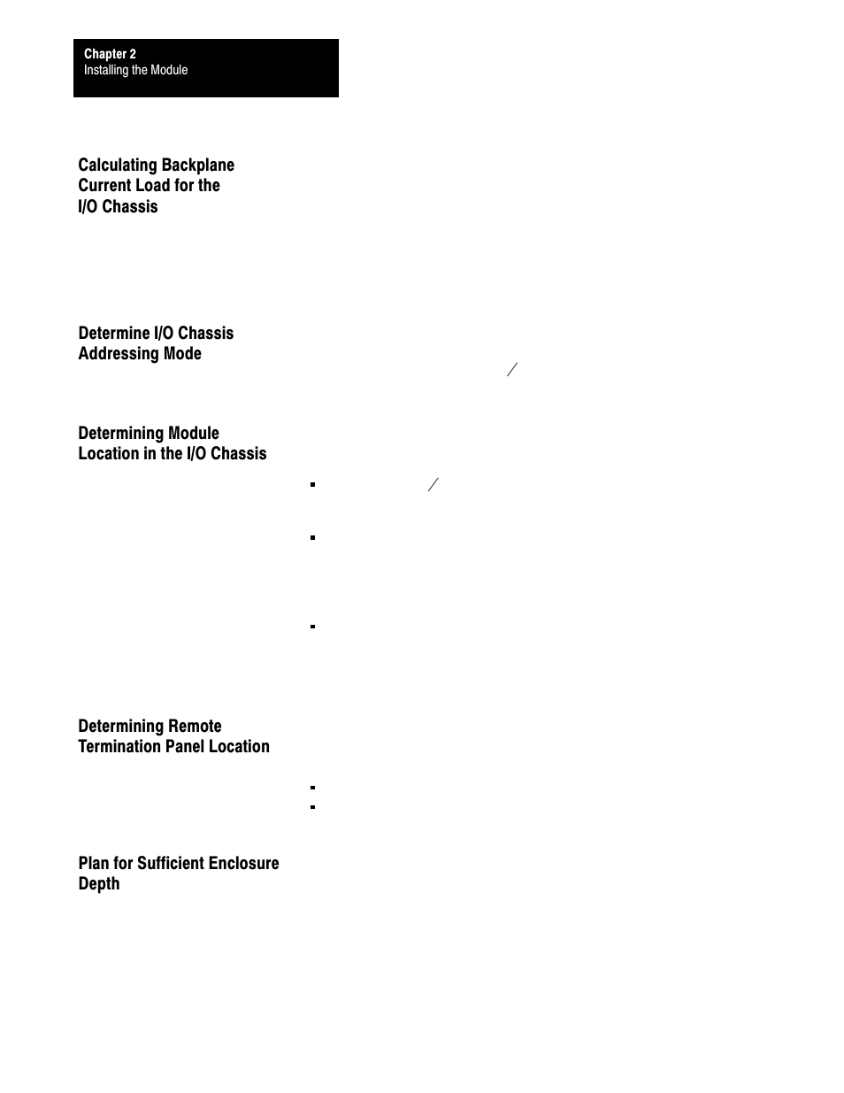 Calculating backplane, Determine i/o chassis addressing mode, Determining module location in the i/o chassis | Determining remote termination panel location, Plan for sufficient enclosure depth | Rockwell Automation 1771-TCM,D17716.5.108 TEMPERATURE CONTROL MOD User Manual | Page 14 / 137