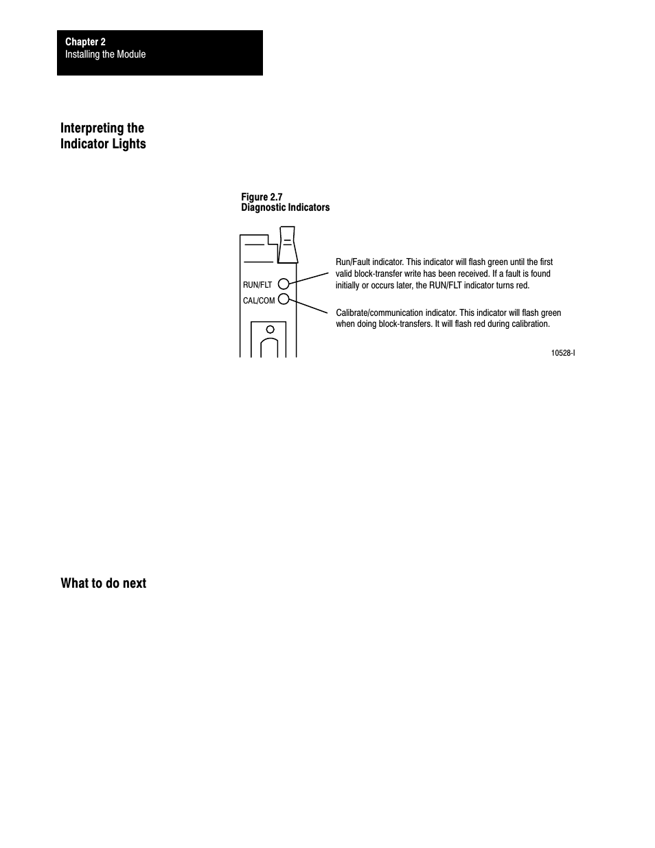 Interpreting the indicator lights, What to do next, 2ć10 | Interpreting the indicator lights what to do next | Rockwell Automation 1771-TCM,D17716.5.108 TEMPERATURE CONTROL MOD User Manual | Page 22 / 137