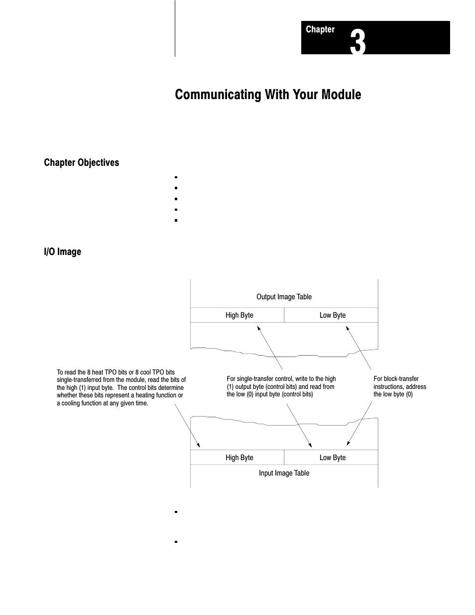 3 - communicating with your module, Chapter objectives, I/o image | Communicating with your module | Rockwell Automation 1771-TCM,D17716.5.108 TEMPERATURE CONTROL MOD User Manual | Page 23 / 137